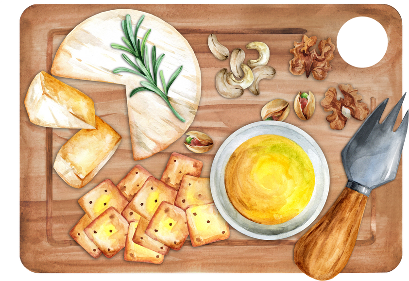 Brie with honey and nuts on a wooden board